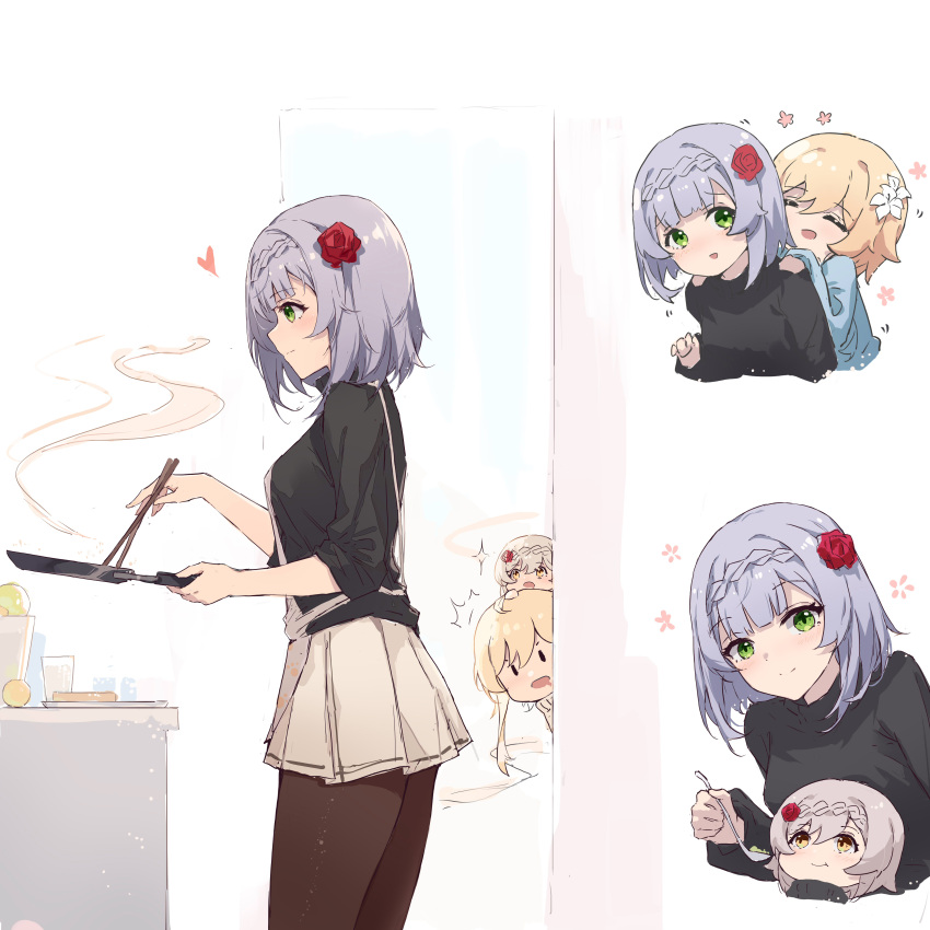 3girls absurdres black_shirt blonde_hair blue_shirt braid brown_legwear chopsticks closed_eyes closed_mouth commentary cooking drooling flower from_side frying_pan genshin_impact green_eyes hair_flower hair_ornament heart highres holding holding_chopsticks holding_frying_pan holding_spoon lumine_(genshin_impact) mouth_drool multiple_girls noelle_(genshin_impact) pantyhose red_flower shirt silver_hair skirt sleeves_rolled_up smile spoon standing steam sweater turtleneck turtleneck_sweater white_flower white_skirt yajuu yellow_eyes yuri
