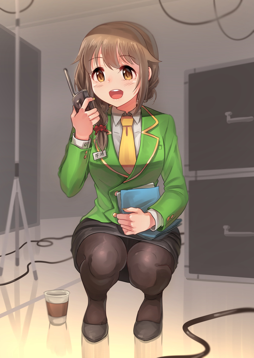 1girl absurdres bangs black_footwear black_legwear black_skirt blazer commentary cup dress_shirt eyebrows_visible_through_hair green_jacket hair_ornament hair_over_shoulder hair_scrunchie highres holding idolmaster idolmaster_cinderella_girls indoors jacket kamille_(vcx68) long_hair long_sleeves looking_at_viewer miniskirt name_tag necktie notepad office_lady open_mouth pantyhose pencil_skirt radio red_scrunchie scrunchie senkawa_chihiro shirt shoes skirt smile solo squatting white_shirt wing_collar