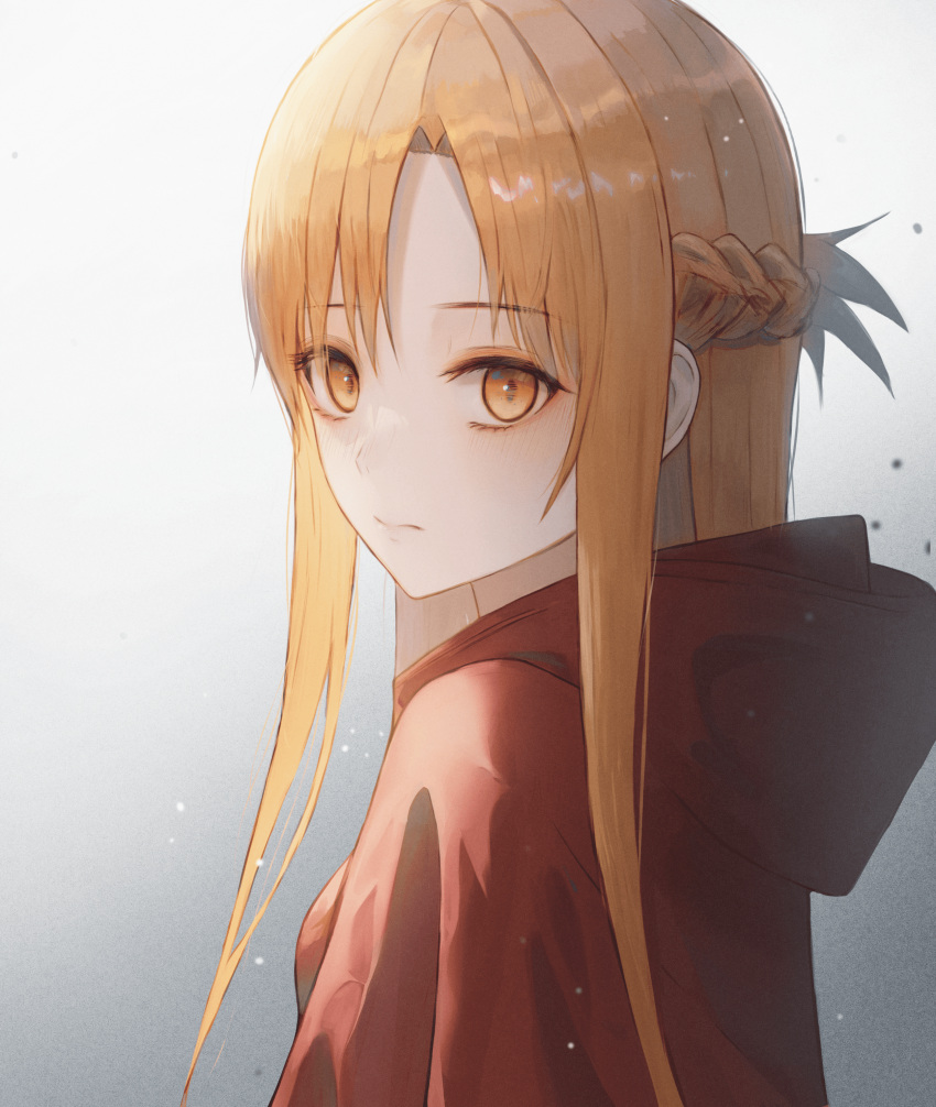 1girl absurdres asuna_(sao) bangs bell_(pixiv12536604) blonde_hair braid brown_eyes cape closed_mouth eyebrows_visible_through_hair french_braid from_side gradient gradient_background grey_background hair_between_eyes hair_intakes highres hood hood_down hooded long_hair looking_at_viewer red_cape shiny shiny_hair solo sword_art_online upper_body white_background