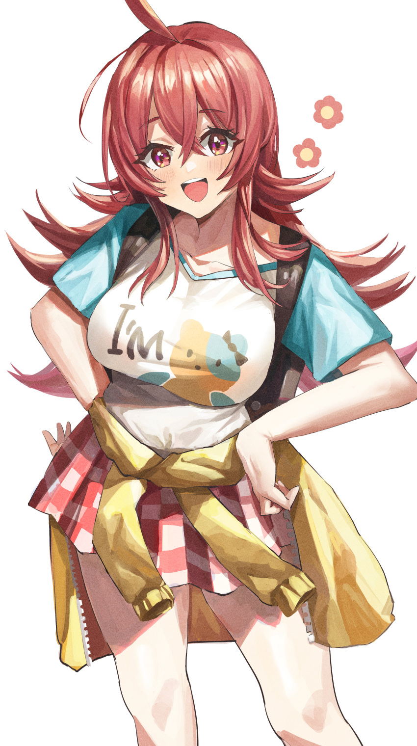1girl :d absurdres ahoge breasts cardigan cardigan_around_waist clothes_around_waist feipin_zhanshi hair_between_eyes hands_on_hips highres idolmaster idolmaster_shiny_colors komiya_kaho large_breasts long_hair looking_at_viewer plaid plaid_skirt red_eyes red_skirt redhead short_sleeves simple_background skirt smile solo standing teeth thighs upper_teeth white_background