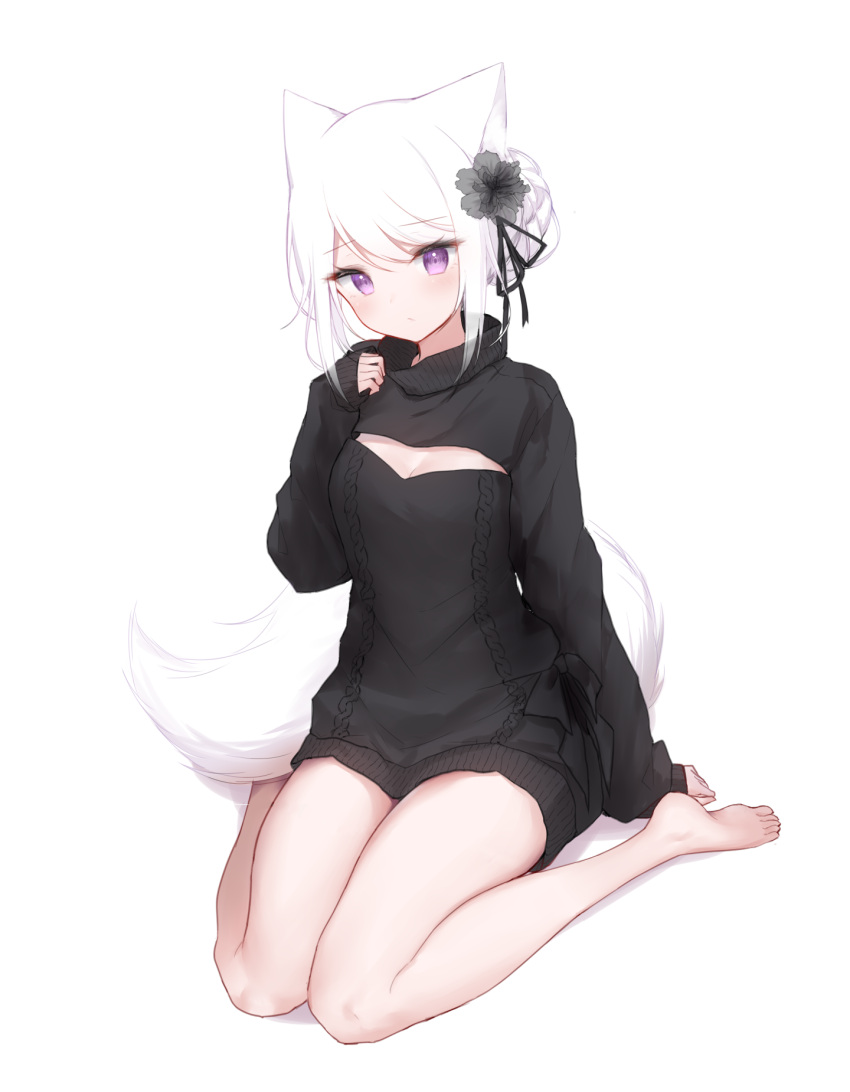 1girl animal_ears bangs bare_legs barefoot black_ribbon black_sweater blush breasts closed_mouth clothing_cutout commentary_request eyebrows_visible_through_hair flower fox_ears fox_girl fox_tail full_body guo582 hair_bun hair_flower hair_ornament hair_ribbon highres long_sleeves looking_at_viewer original revision ribbon short_hair sidelocks simple_background sitting sleeves_past_wrists solo sweater tail violet_eyes wariza white_background white_hair