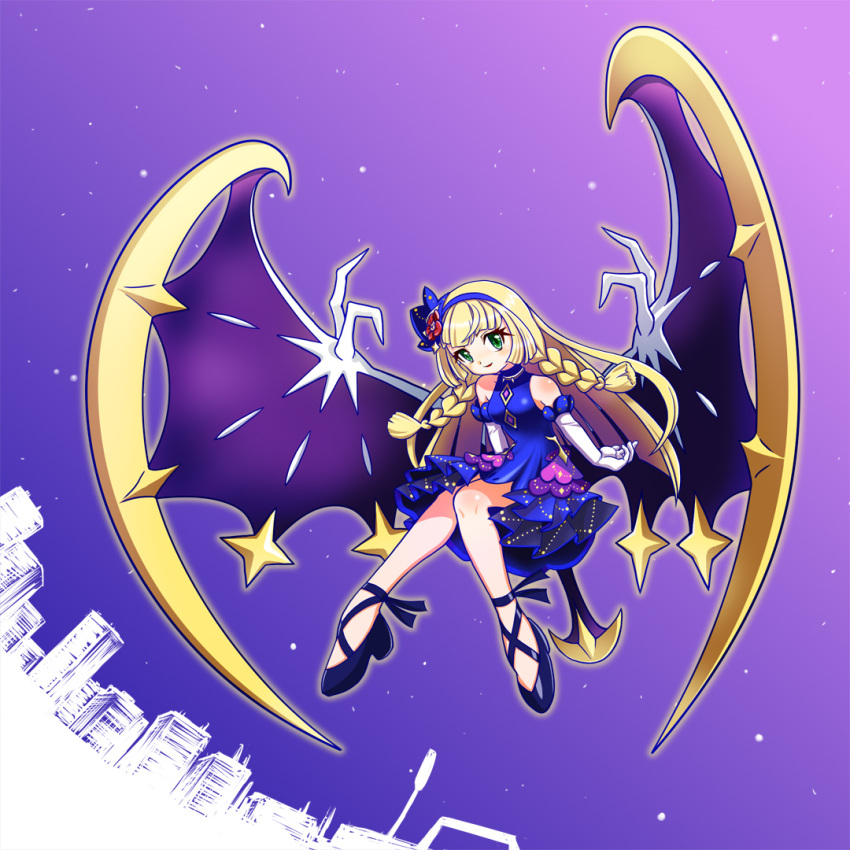 1girl bangs blonde_hair blue_dress blunt_bangs braid commentary_request dress elbow_gloves gloves green_eyes hair_ornament headband koruku13 lillie_(pokemon) long_hair lunala night night_sky official_alternate_costume pokemon pokemon_(game) pokemon_masters_ex sky twin_braids wings