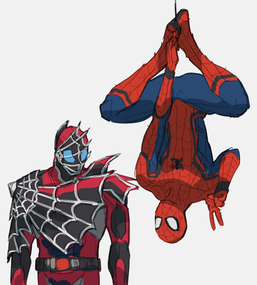 2boys armor bbbb_fex belt blue_eyes crossover highres kamen_rider kamen_rider_demons kamen_rider_revice marvel marvel_cinematic_universe mask multiple_boys no_pupils silk spider-man spider-man_(series) spider_genome spider_web spiked_armor superhero tokusatsu upside-down white_eyes