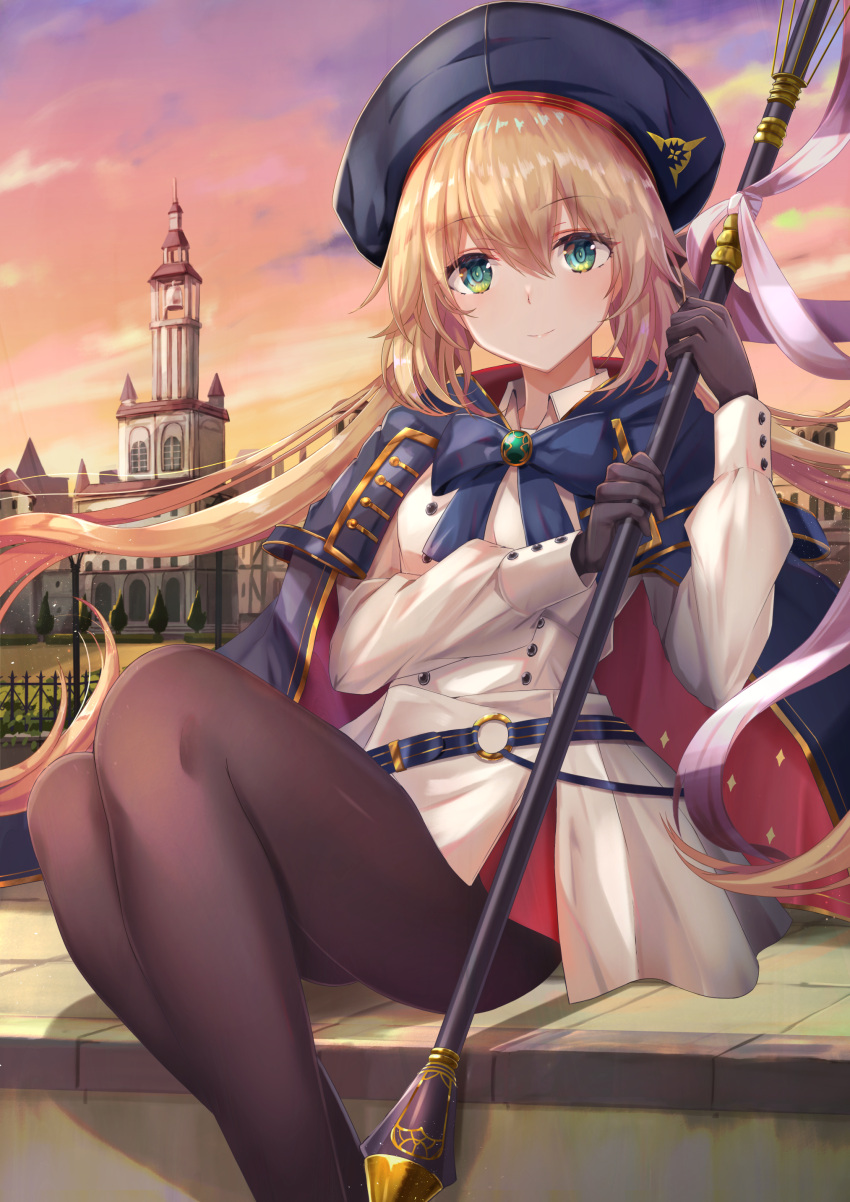 1girl absurdres artoria_pendragon_(caster)_(fate) artoria_pendragon_(fate) bangs belt black_gloves blonde_hair blue_belt blue_bow blue_cape blue_headwear blue_neckwear bow bowtie brown_legwear buttons cape closed_mouth clouds collared_dress commentary_request dress eyebrows_visible_through_hair fate/grand_order fate_(series) floating_hair gloves green_eyes hair_between_eyes hat highres holding holding_staff holding_weapon long_hair long_sleeves looking_at_viewer orange_sky outdoors pantyhose sidelocks sitting sky smile solo staff thighs torottye twintails very_long_hair weapon white_dress