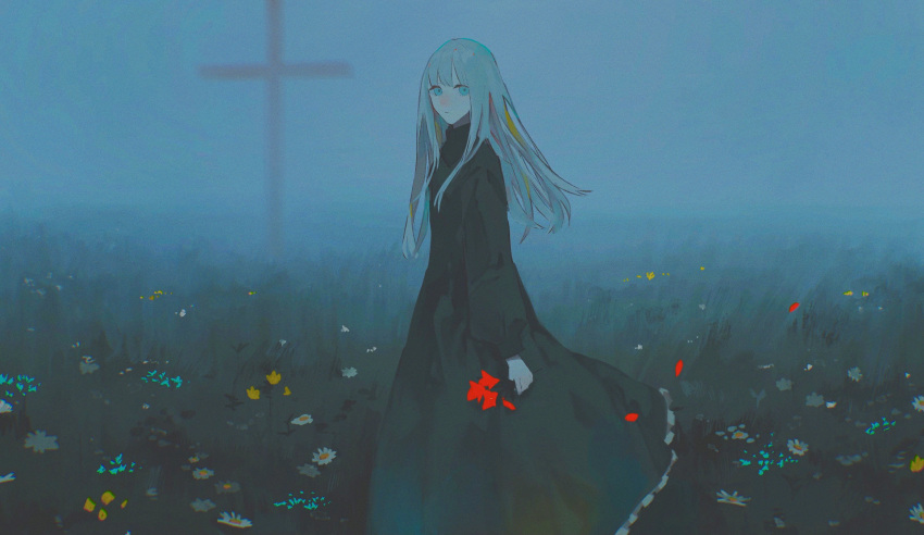1girl absurdres bangs black_dress blue_eyes blue_hair closed_mouth daisy dress expressionless flower fog from_side grass highres latin_cross long_hair long_sleeves looking_at_viewer meadow original siro_mono solo tulip white_flower yellow_flower