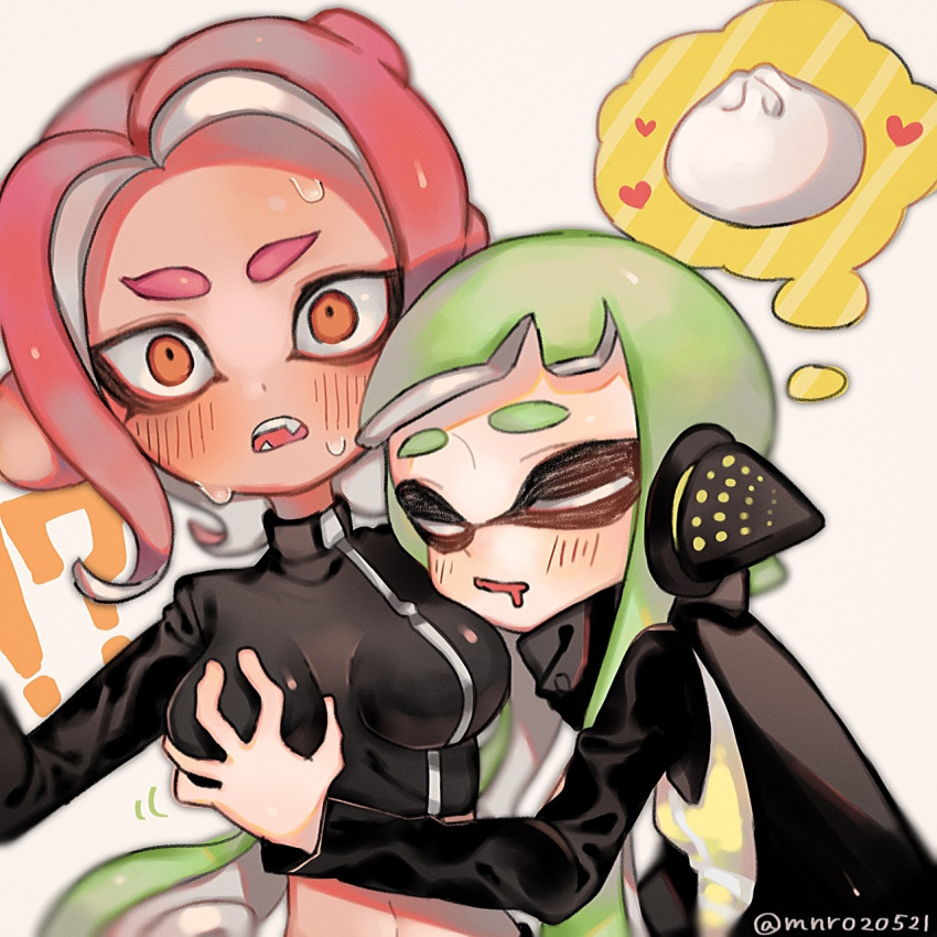 !? bangs belly black_jacket blush breast_grab breasts closed_eyes dreaming drooling dumpling fangs food grabbing green_hair headgear heart highres hug inkling jacket long_hair long_sleeves lying medium_breasts mnr020521 navel octoling open_mouth orange_eyes pink_hair short_hair simple_background sleeping splatoon_(series) splatoon_2 splatoon_2:_octo_expansion sweat sweatdrop tentacle_hair thought_bubble upper_body white_background