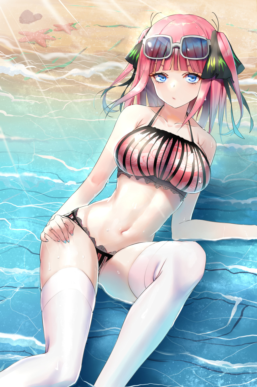 1girl absurdres arm_support ass bangs beach bikini black_ribbon blue_eyes blunt_bangs blush breasts butterfly_hair_ornament closed_mouth collarbone dymao eyewear_on_head go-toubun_no_hanayome groin hair_ornament hand_on_hip highres lace_trim large_breasts looking_at_viewer multicolored_nails nail_polish nakano_nino navel ocean pink_hair ribbon starfish stomach striped striped_bikini swimsuit thick_thighs thigh-highs thighs twintails v-shaped_eyebrows vertical_stripes white_legwear