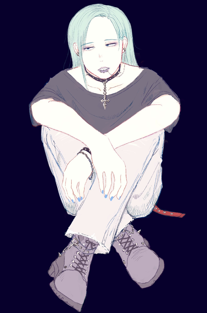1boy aqua_hair blue_background blue_eyes boots bracelet chain choker cross crossed_legs denim earrings eyeshadow hair_behind_ear highres jeans jewelry lip_piercing lipstick long_hair looking_to_the_side makeup male_focus mohato_official nail_polish original pants piercing sitting solo spikes