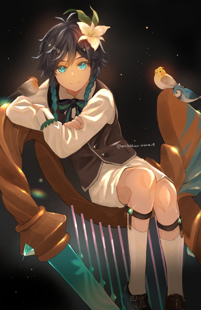 1boy androgynous bangs bird black_background black_hair blue_hair bow braid closed_mouth commentary_request crossed_arms flower genshin_impact gradient_hair green_eyes hair_flower hair_ornament harp highres instrument kneehighs leaf light_particles long_sleeves looking_at_viewer male_focus misoshiru_umai4 multicolored_hair shirt shoes short_hair_with_long_locks shorts side_braids sidelocks simple_background sitting smile solo sparkle twin_braids twitter_username venti_(genshin_impact) vest white_flower white_legwear white_shirt