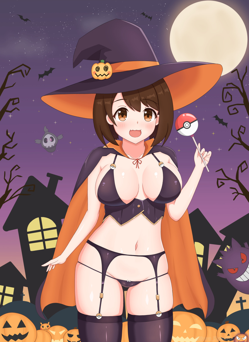 1girl absurdres bangs bare_shoulders blush branch breasts brown_eyes brown_hair candy cape collarbone dusk duskull eyebrows_visible_through_hair food full_moon garter_belt garter_straps gastly gengar gloria_(pokemon) halloween halloween_costume halloween_theme hat highres large_breasts lollipop mimikyu moon navel night night_sky open_mouth panties pantyhose pikachu pokemon pumpkin purple_panties sky smile solo_focus sora_kaworu star_(sky) underwear witch_hat withered