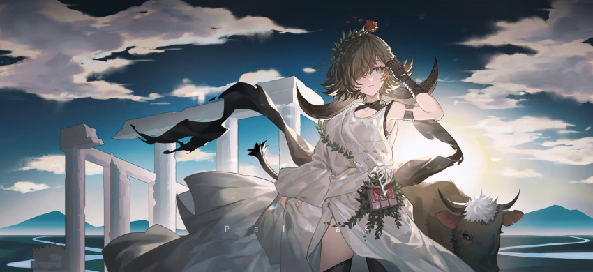 1girl animal_ears arknights arm_wrap black_gloves black_legwear blue_eyes blue_sky brown_hair clouds cloudy_sky cow cow_ears cow_girl cow_horns cow_tail cowboy_shot dress fingerless_gloves flower flower_on_head gloves greek_clothes groin hair_over_one_eye hand_up highres horns laurel_crown looking_to_the_side official_alternate_costume outdoors pallas_(heritage)_(arknights) parted_lips red_flower red_rose rose ruins short_hair sky solo tail thigh-highs white_dress yu_shu_black_joker