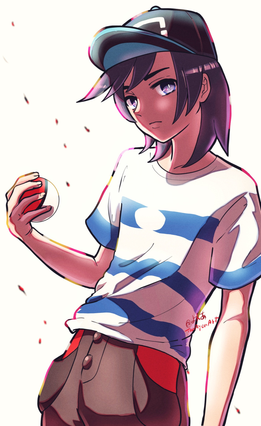 1boy bangs baseball_cap black_hair black_headwear bright_pupils brown_pants closed_mouth commentary_request elio_(pokemon) frown grey_eyes hand_up hat highres holding holding_poke_ball male_focus medium_hair pants poke_ball poke_ball_(basic) pokemon pokemon_(game) pokemon_sm shirt short_sleeves solo striped striped_shirt t-shirt tonayon twitter_username white_background white_pupils
