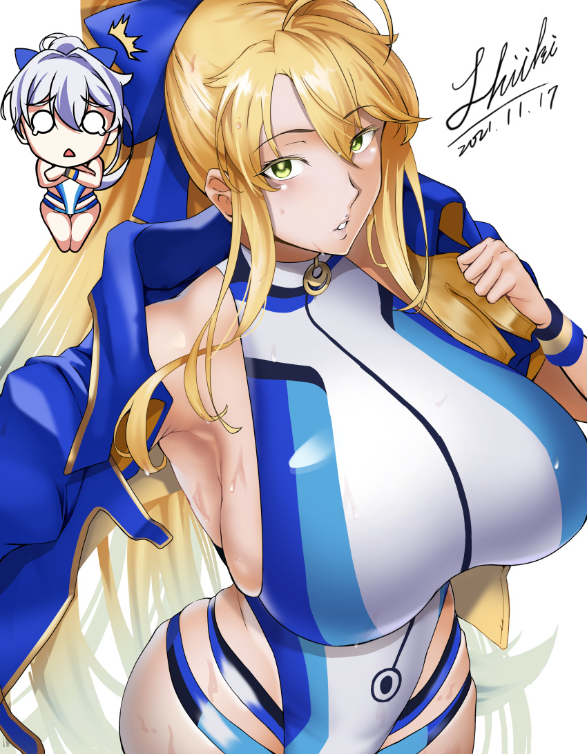 2girls absurdres ahoge artoria_pendragon_(fate) artoria_pendragon_(swimsuit_ruler)_(fate) bangs bare_shoulders blonde_hair blue_bow blue_jacket blue_swimsuit blush bow breasts chibi cosplay fate/grand_order fate_(series) green_eyes hair_between_eyes hair_bow highleg highleg_swimsuit highres jacket large_breasts long_hair looking_at_viewer love-saber multiple_girls one-piece_swimsuit open_clothes open_jacket parted_lips ponytail short_sleeves sidelocks silver_hair swimsuit thigh_strap thighs tomoe_gozen_(fate) tomoe_gozen_(swimsuit_saber)_(fate) tomoe_gozen_(swimsuit_saber)_(fate)_(cosplay) two-tone_swimsuit white_swimsuit