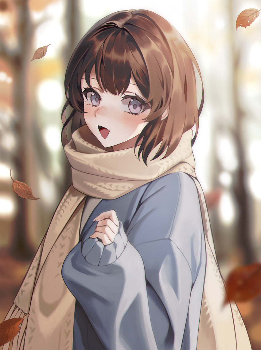1girl :d absurdres autumn_leaves bangs blue_sweater blurry blurry_background blush brown_hair chungla day depth_of_field eyebrows_behind_hair falling_leaves highres leaf long_sleeves looking_at_viewer open_mouth original outdoors puffy_long_sleeves puffy_sleeves scarf short_hair smile solo sweater symbol-only_commentary upper_body violet_eyes yellow_scarf