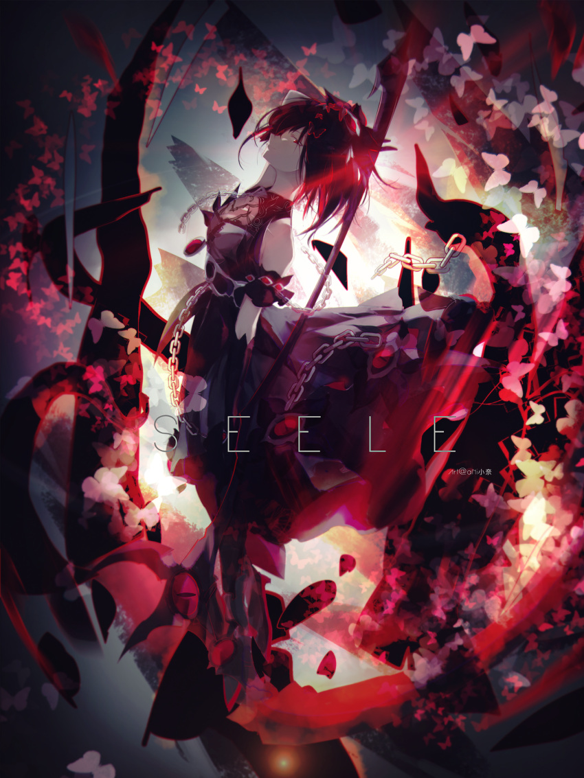 1girl bangs bare_shoulders black_dress black_gloves bug butterfly chain character_name closed_mouth dress gloves hair_ornament highres holding holding_weapon honkai_(series) honkai_impact_3rd looking_at_viewer red_butterfly red_eyes redhead scythe seele_(alter_ego) seele_vollerei seele_vollerei_(stygian_nymph) shouda_kaichou sleeveless sleeveless_dress solo weapon