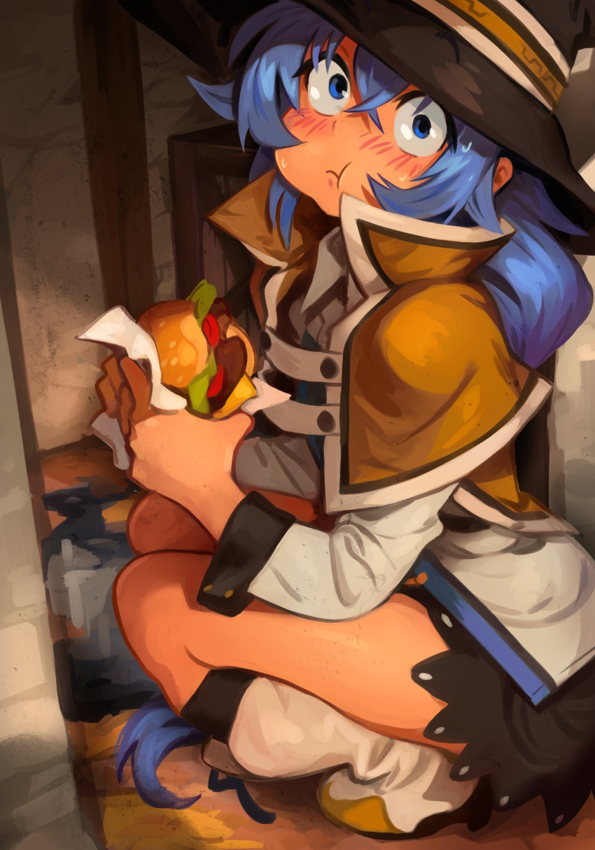 1girl :t absurdres bangs blue_eyes blue_hair blush boots brown_cape burger buttons cape caught closed_mouth commentary eating fast_food food from_side hair_between_eyes hat highres holding holding_food khyle. long_hair looking_to_the_side mushoku_tensei popped_collar roxy_migurdia solo squatting sweat white_footwear witch_hat