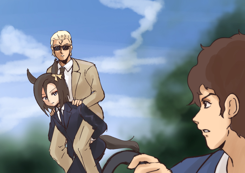 1boy 1girl 2boys air_groove_(umamusume) amuro_ray animal_ears blonde_hair brown_hair char's_counterattack char_aznable ear_bow formal gundam highres horse_ears horse_girl horse_tail imasogari multiple_boys necktie parody scene_reference short_hair suit sunglasses tail umamusume