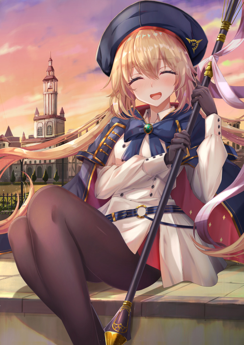 1girl absurdres artoria_pendragon_(caster)_(fate) artoria_pendragon_(fate) bangs belt black_gloves blonde_hair blue_belt blue_bow blue_cape blue_headwear blue_neckwear blush bow bowtie brown_legwear buttons cape closed_eyes clouds collared_dress commentary_request dress eyebrows_visible_through_hair fate/grand_order fate_(series) floating_hair gloves hair_between_eyes hat highres holding holding_staff holding_weapon long_hair long_sleeves open_mouth orange_sky outdoors pantyhose sidelocks sitting sky smile solo staff thighs tongue torottye twintails very_long_hair weapon white_dress