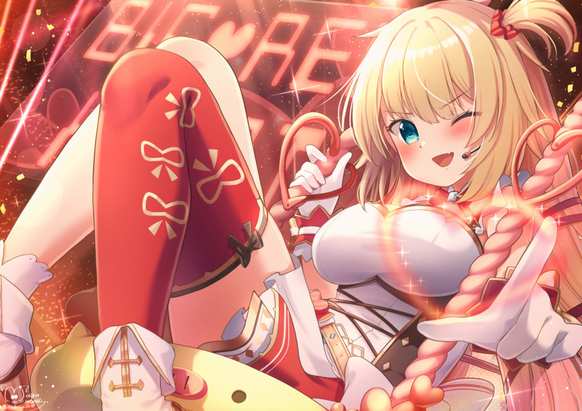 1girl ;d akai_haato bangs blonde_hair blue_eyes blush breasts commentary_request corset dress eyebrows_visible_through_hair fang gloves hair_ornament heart heart_hair_ornament highres holding hololive knees_up large_breasts light_particles long_hair magowasabi microphone one_eye_closed one_side_up red_legwear signature single_thighhigh sitting skin_fang smile solo swing thigh-highs twitter_username virtual_youtuber white_dress white_footwear white_gloves
