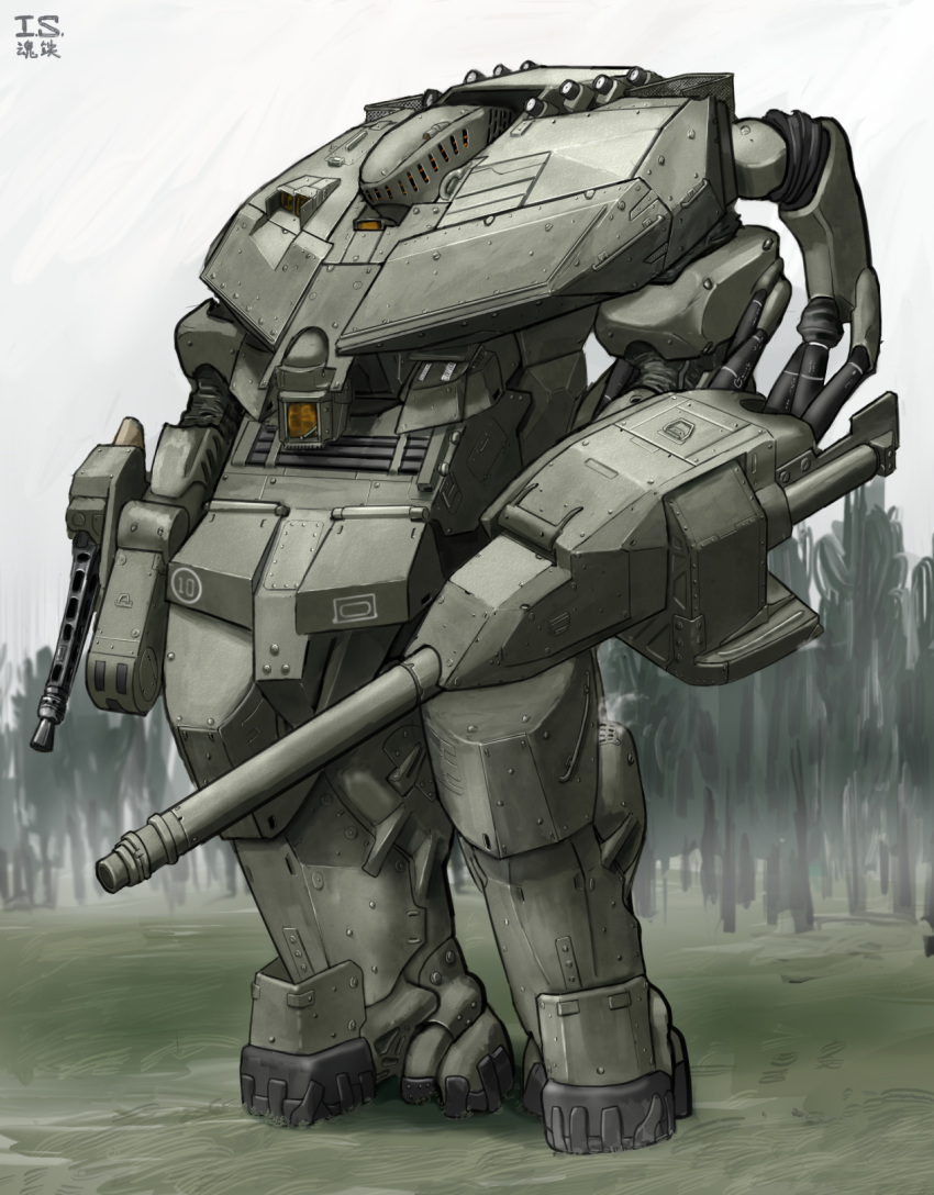 arm_cannon forest grass ground_vehicle highres ironsouls leaning_back leopard_2 mecha mechanization military military_vehicle motor_vehicle nature no_humans original science_fiction solo standing tank weapon