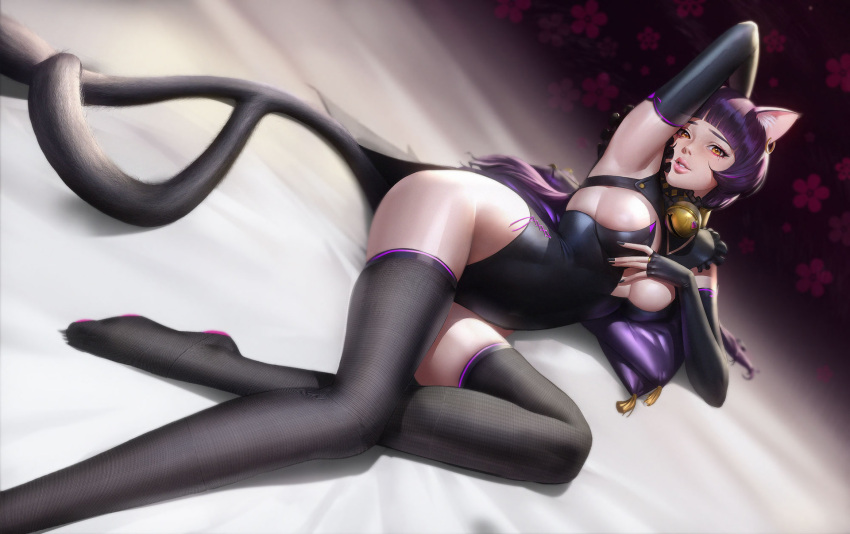 1girl animal_ears arm_behind_head arm_up armpits bangs bed_sheet bell black_gloves black_legwear black_leotard black_nails blunt_bangs breasts cat_band_gloves cat_ears cat_girl cat_tail dutch_angle elbow_gloves facing_to_the_side feet_out_of_frame fingerless_gloves floral_background forked_tail gloves hair_tubes hand_on_breast highleg highleg_leotard highres jingle_bell kyungnam234 leotard long_hair looking_at_viewer low_twintails medium_breasts neck_bell no_shoes on_bed original pillow pink_lips purple_background purple_hair reclining sidelocks skindentation sleeveless solo tail tailcoat tassel thigh-highs twintails yellow_eyes