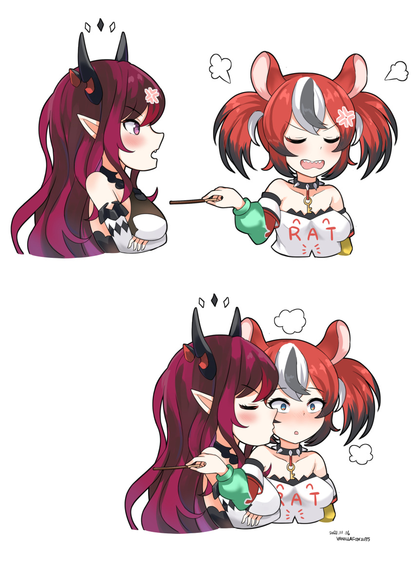 2girls absurdres anger_vein animal_ears bare_shoulders black_hair blush cdog2035 chibi closed_eyes commentary cropped_torso crossed_arms demon_horns facing_another food hakos_baelz highres holding holding_food holding_pocky hololive hololive_english horns irys_(hololive) kiss kissing_cheek mouse_ears multicolored_hair multiple_girls pink_eyes pink_hair pocky redhead streaked_hair virtual_youtuber white_background white_hair yuri