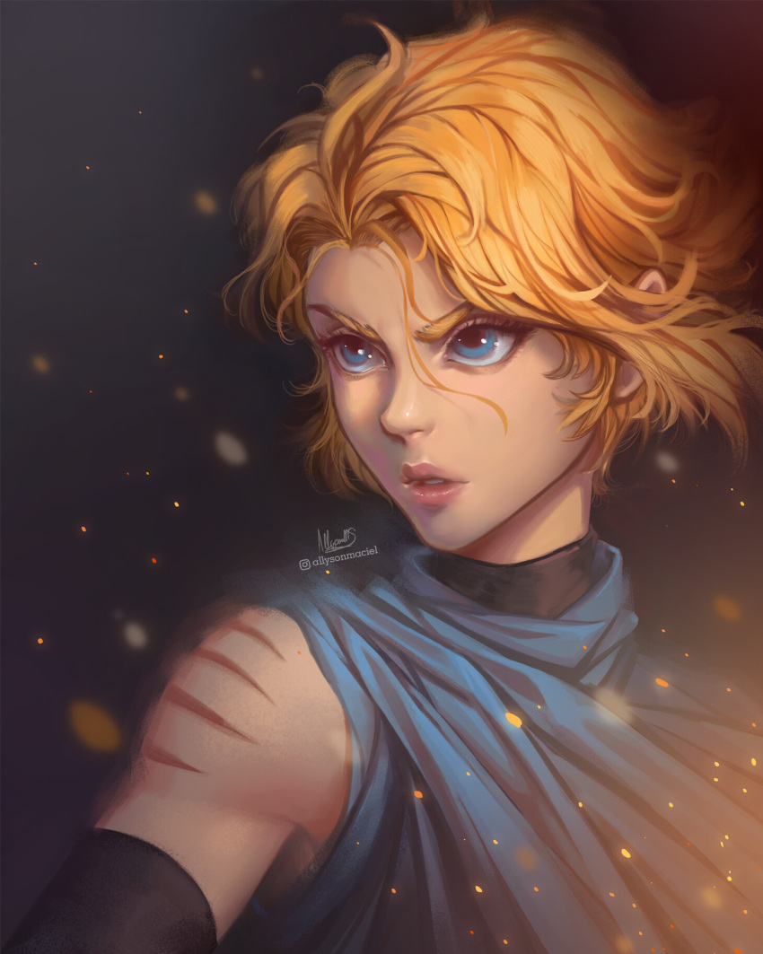 1girl al_santos bare_shoulders blonde_hair blue_eyes castlevania_iii:_dracula's_curse eyelashes floating_hair hair_between_eyes highres light_particles looking_away looking_to_the_side parted_lips portrait scar short_hair solo sypha_belnades turtleneck