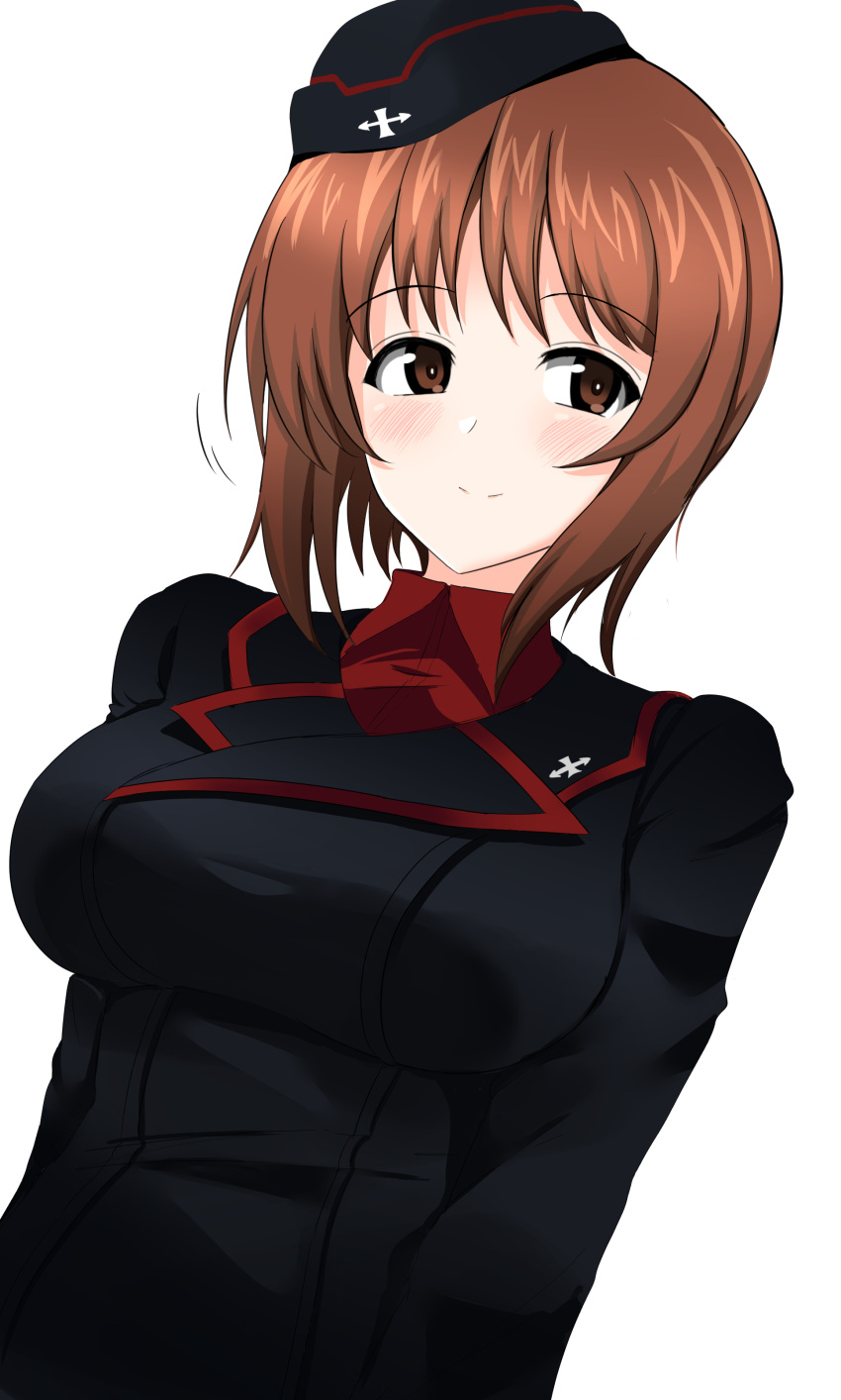 1girl absurdres aikir_(jml5160) bangs black_headwear black_jacket blush brown_eyes brown_hair closed_mouth commentary dress_shirt eyebrows_visible_through_hair garrison_cap girls_und_panzer half-closed_eyes hat highres insignia jacket kuromorimine_military_uniform long_sleeves looking_at_viewer military military_hat military_uniform motion_lines nishizumi_miho red_shirt shirt short_hair simple_background smile solo tilted_headwear uniform upper_body white_background wing_collar