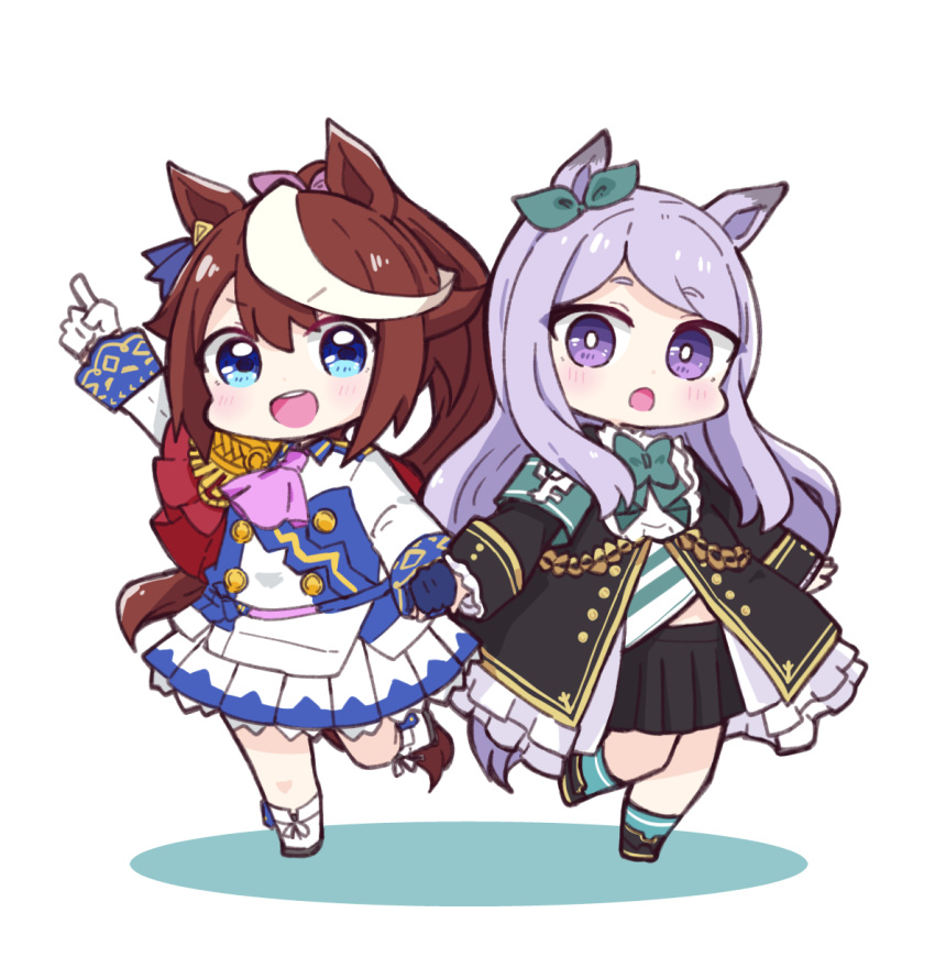 2girls :d :o animal_ears ascot asymmetrical_gloves black_footwear black_jacket black_skirt blue_eyes blue_gloves blue_legwear blush boots bow brown_hair chibi colored_shadow commentary_request ear_ribbon epaulettes frilled_jacket frills gloves green_bow green_ribbon hair_ribbon highres hitomiz holding_hands horse_ears horse_girl horse_tail jacket long_sleeves looking_at_viewer mejiro_mcqueen_(umamusume) mismatched_gloves multicolored_hair multiple_girls pink_neckwear pink_ribbon pleated_skirt ponytail purple_hair ribbon shadow short_eyebrows single_epaulette skirt sleeves_past_wrists smile socks standing standing_on_one_leg streaked_hair tail teeth thick_eyebrows tokai_teio_(umamusume) umamusume upper_teeth violet_eyes white_background white_footwear white_gloves white_hair white_jacket white_skirt