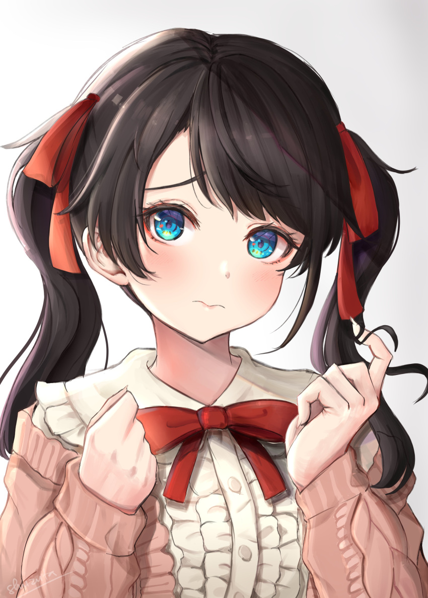 1girl absurdres bangs black_hair blue_eyes blush bow bowtie cardigan center_frills closed_mouth cropped_torso frills gradient gradient_background grey_background hair_ribbon hands_up highres hololive long_sleeves looking_at_viewer medium_hair oozora_subaru open_cardigan open_clothes pink_cardigan playing_with_own_hair red_bow red_bowtie red_ribbon ribbon shirt short_twintails shuzuta solo swept_bangs twintails upper_body virtual_youtuber wavy_mouth