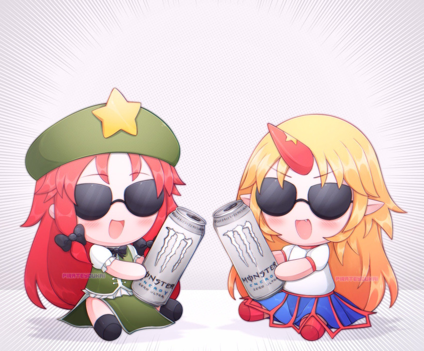 2girls artist_name bangs black_bow black_bowtie black_footwear blonde_hair blue_skirt blush boots bow bowtie can chinese_clothes dress energy_drink eyebrows_visible_through_hair fang fumo_(doll) glasses gradient gradient_background gradient_hair green_dress green_headwear grey_background hair_bow hat hat_ornament highres hong_meiling horns hoshiguma_yuugi long_hair monster_energy multicolored_hair multiple_girls open_mouth orange_hair pointy_ears puffy_short_sleeves puffy_sleeves red_footwear redhead sami_(pirateyoukai) shadow shirt shoes short_sleeves single_horn sitting skirt smile star_(symbol) star_hat_ornament sunglasses t-shirt tongue touhou very_long_hair white_background white_shirt
