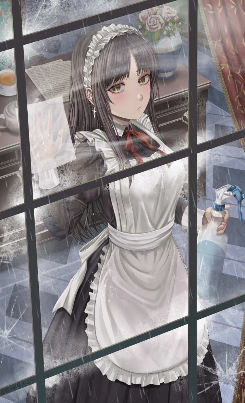 1girl apron black_hair blush cleaning closed_mouth earrings highres indoors jewelry long_hair looking_at_viewer maid maid_apron maid_headdress mole mole_under_eye original sidelocks silvertsuki solo standing window yellow_eyes