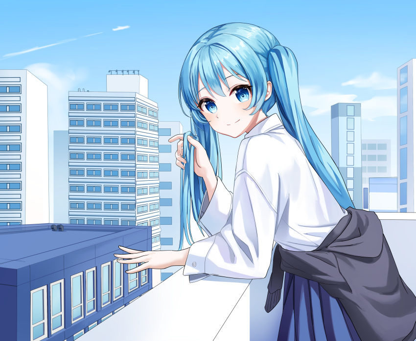 1girl absurdres aircraft airplane balcony black_jacket blue_eyes blue_hair blue_skirt building city clothes_around_waist commentary condensation_trail day hatsune_miku highres holding holding_hair ille_(xcpa7325) jacket jacket_around_waist leaning_forward long_hair looking_at_viewer outdoors pleated_skirt shirt skirt smile solo twintails very_long_hair vocaloid white_shirt