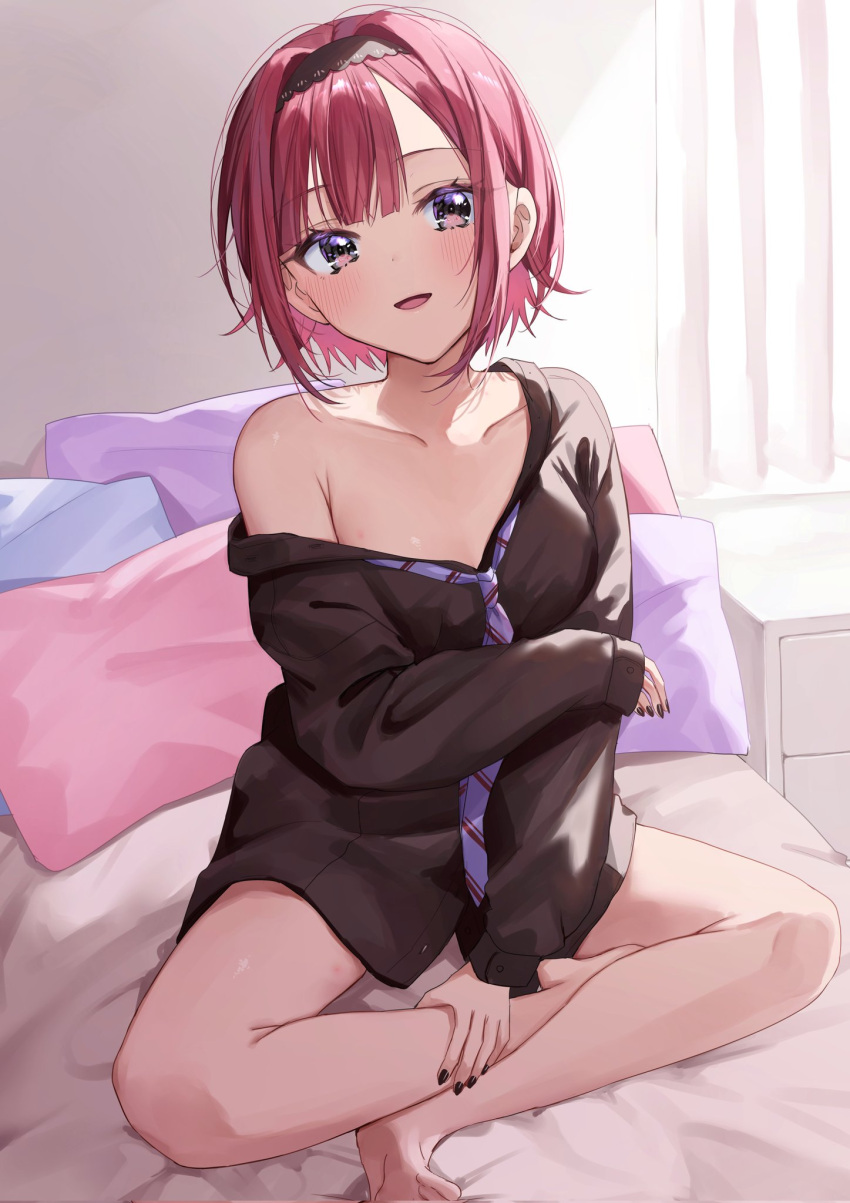 1girl :d black_hairband black_nails black_shirt blush chest_of_drawers chigusa_minori clothes_pull collarbone dress_shirt hairband hand_on_own_leg highres loose_necktie necktie no_pants on_bed original partially_unbuttoned pillow pink_eyes pink_hair purple_neckwear shirt shirt_pull single_bare_shoulder sitting sitting_on_bed smile solo window