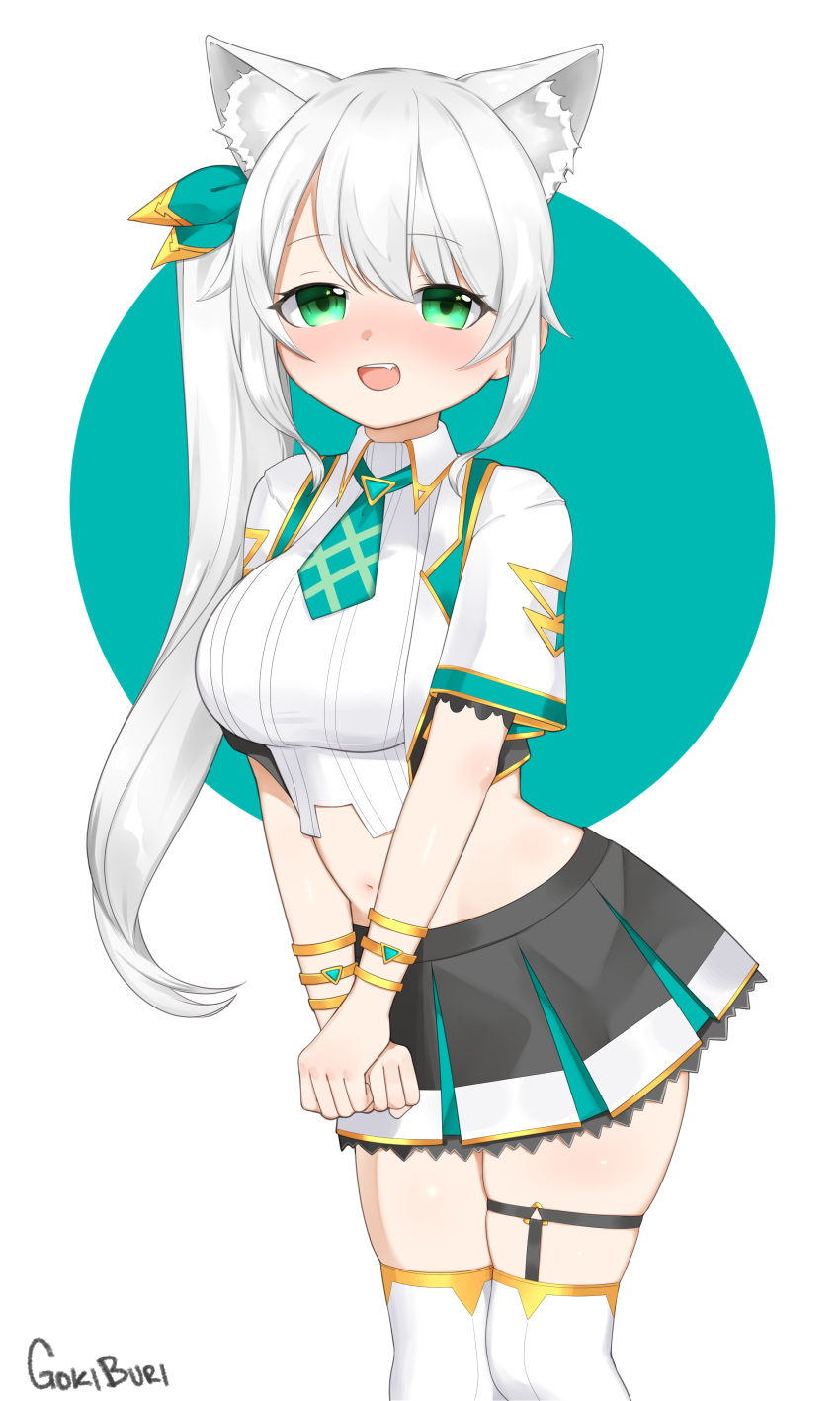 1girl absurdres animal_ear_fluff animal_ears bow cat_ears goki_buri green_bow green_eyes green_neckwear highres hizuki_miu long_hair multicolored_clothes multicolored_skirt necktie side_ponytail silver_hair skirt smile solo thigh-highs vest virtual_youtuber wactor_production