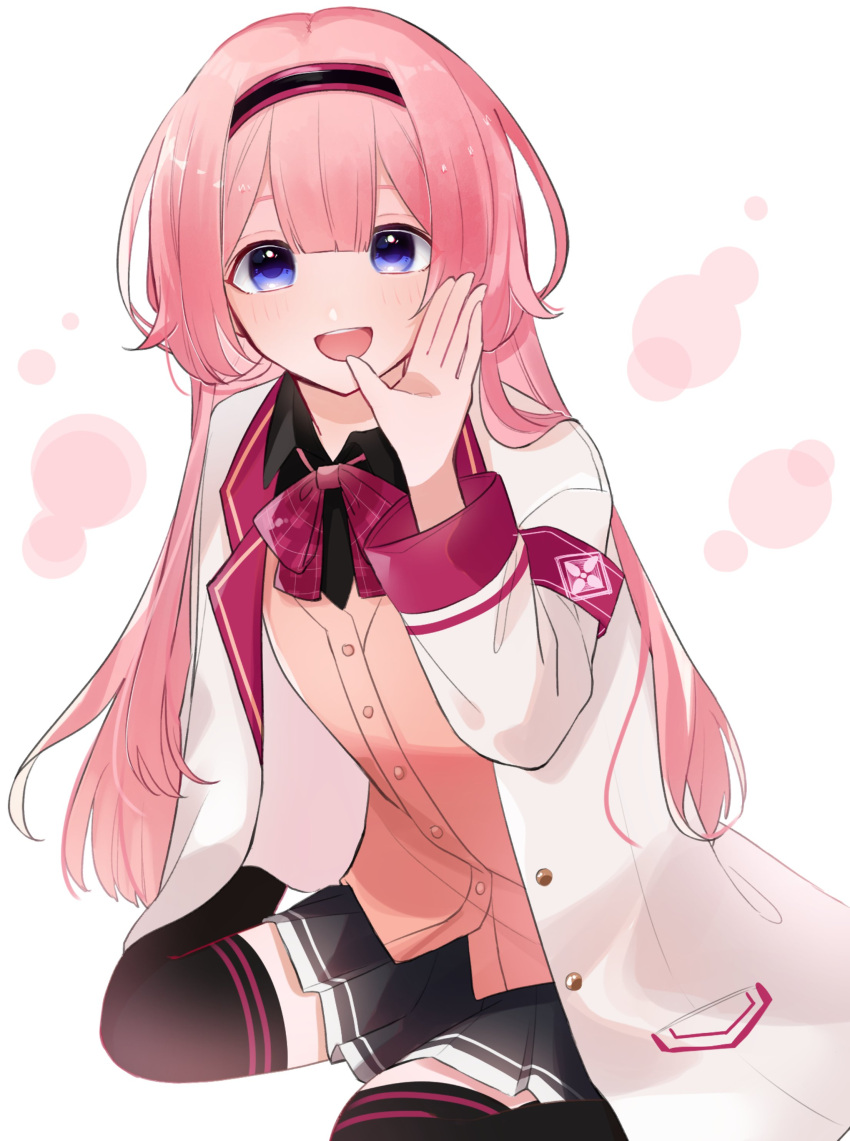 :d absurdres armband bangs beige_vest black_hairband black_legwear black_shirt black_skirt blue_eyes blush bow bowtie buttons collared_shirt covering_mouth full_body hairband hand_over_own_mouth highres jacket long_hair long_sleeves nijisanji pink_bow pink_bowtie pink_hair pleated_skirt shirt simple_background sitting skirt smile suo_sango thigh-highs very_long_hair virtual_youtuber waai!!_!! waai!_(syu09a) wariza white_background white_jacket