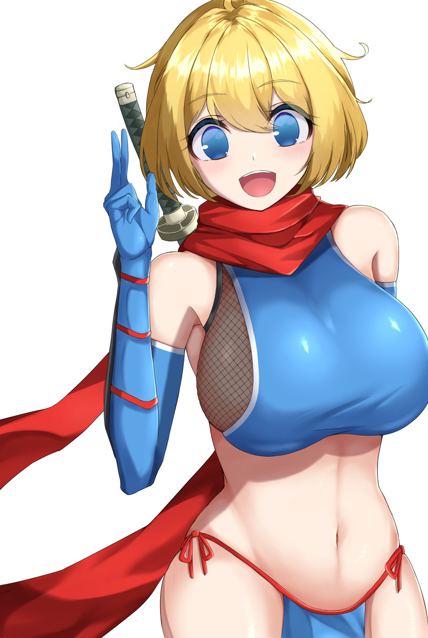 1girl absurdres alice_margatroid alternate_costume arm_behind_back bangs blonde_hair blue_eyes blue_gloves blush breasts commentary_request cookie_(touhou) cowboy_shot crop_top dutch_angle elbow_gloves eyebrows_visible_through_hair fishnet_top fishnets gloves highres ikikiksgiksg katana large_breasts looking_at_viewer navel pelvic_curtain red_scarf scarf short_hair simple_background smile solo sword sword_behind_back teeth touhou upper_teeth weapon web_(cookie) white_background