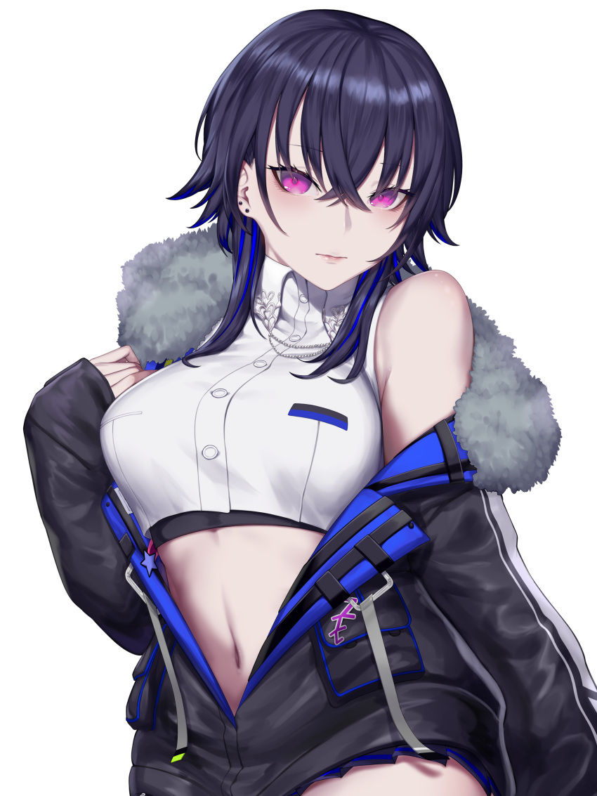 1girl absurdres bangs bare_shoulders black_coat black_hair blue_hair breasts buttons closed_mouth coat collared_shirt commentary_request crop_top crossed_bangs earrings fur-trimmed_coat fur_collar fur_trim hair_between_eyes hand_up head_tilt highres ichinose_uruha jewelry kumiko_shiba long_sleeves looking_at_viewer lupinus_virtual_games medium_breasts midriff multicolored_hair navel off_shoulder open_clothes open_coat pink_eyes shiny shiny_hair shirt short_hair_with_long_locks simple_background sleeveless sleeveless_shirt sleeves_past_wrists solo star_(symbol) stomach streaked_hair stud_earrings turtleneck virtual_youtuber vspo! white_background white_shirt