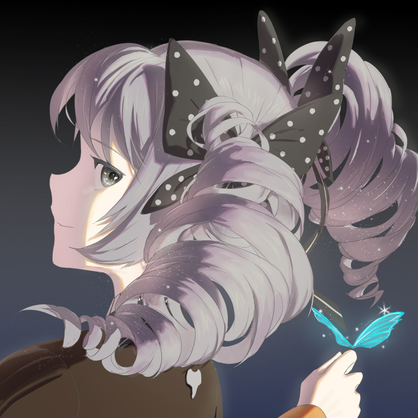 1girl bangs blue_butterfly bow bronya_zaychik bronya_zaychik_(wolf's_dawn) brown_jacket bug butterfly closed_mouth drill_hair grey_eyes grey_hair hair_bow highres honkai_(series) honkai_impact_3rd jacket long_sleeves looking_at_viewer looking_to_the_side rafaelaaa smile solo twin_drills