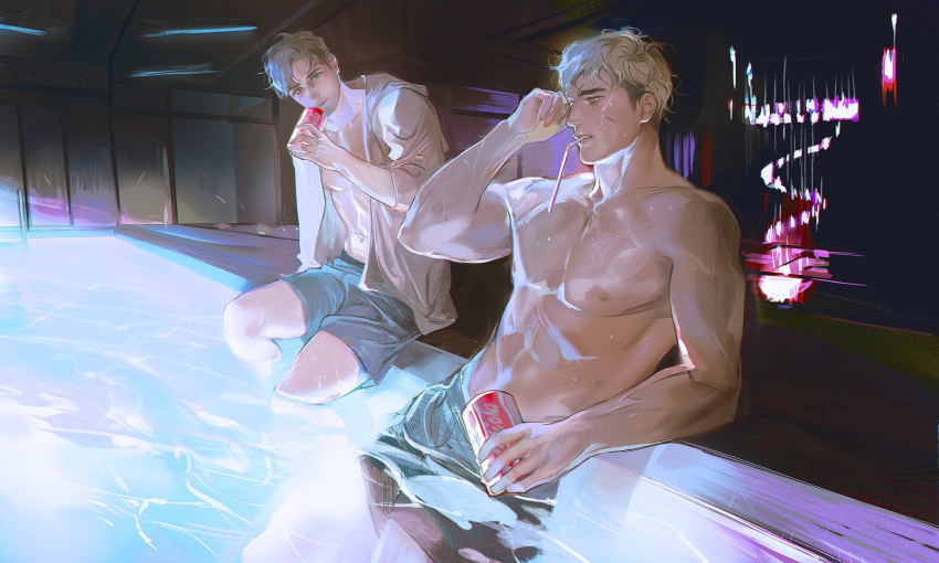 2boys abs blonde_hair coca-cola commentary_request drinking_straw highres hood hoodie korean_commentary looking_at_another male_focus male_swimwear multiple_boys muscular muscular_male navel nipples pool pool_ladder poolside puppy_1ove rubbing_eyes scar scar_on_face short_hair sideburns stomach swim_trunks topless_male wet