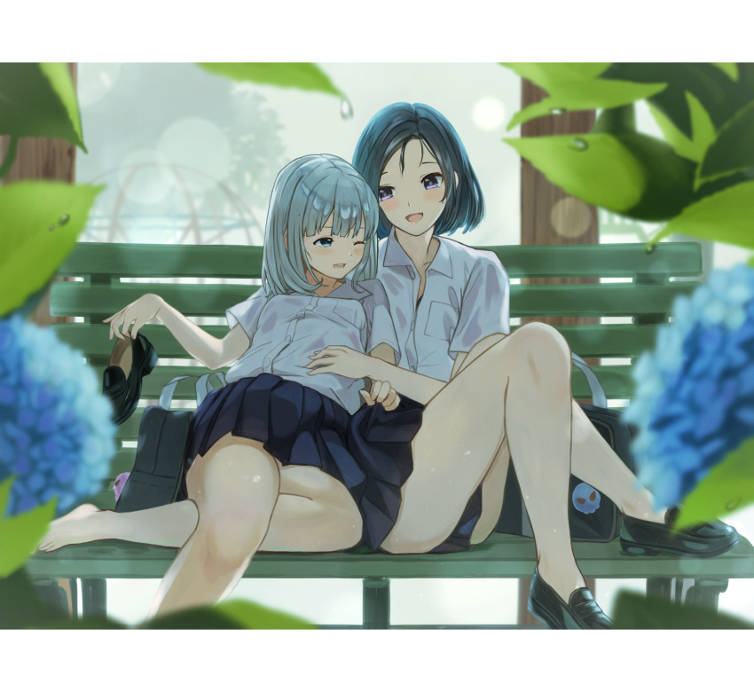 1girl 2girls akira_tooru bag bangs bare_legs barefoot bench black_hair blue_eyes blue_sky blurry blurry_foreground breasts collared_shirt depth_of_field dress_shirt highres knees_up letterboxed loafers looking_at_another medium_hair miniskirt multiple_girls no_socks on_bench one_eye_closed open_mouth original outdoors pleated_skirt school_bag school_uniform shirt shirt_tucked_in shoes shoes_removed short_sleeves silver_hair sitting skirt sky small_breasts smile violet_eyes water_drop white_shirt yuri
