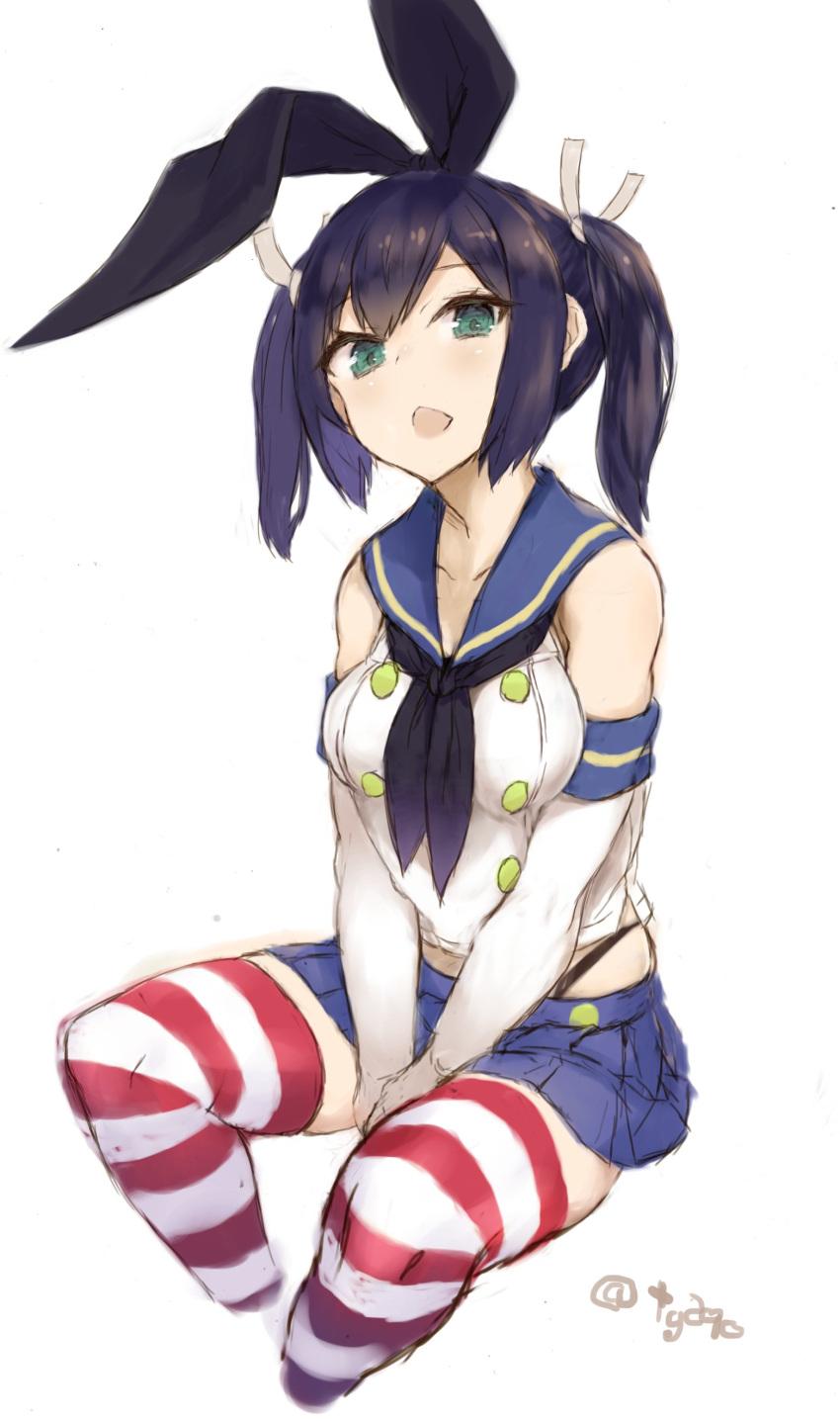 1girl absurdres animal_ears artist_name between_legs black_hair black_panties blue_eyes blue_sailor_collar blue_skirt breasts cosplay cropped_legs elbow_gloves fake_animal_ears gloves green_eyes hair_ribbon hand_between_legs highleg highleg_panties highres kantai_collection looking_at_viewer medium_breasts microskirt open_mouth panties pleated_skirt rabbit_ears ribbon ryo_(tg290) sailor_collar shimakaze_(kancolle) shimakaze_(kancolle)_(cosplay) short_hair sidelocks simple_background sitting skirt solo souryuu_(kancolle) striped striped_legwear thigh-highs twintails underwear white_background white_gloves white_ribbon zettai_ryouiki