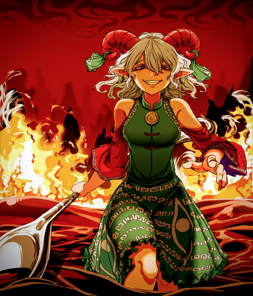 1girl absurdres bangs bare_shoulders breasts closed_mouth dress earrings eyebrows_visible_through_hair fire ghostship55 green_dress green_ribbon grey_hair hair_between_eyes hand_up highres horns jewelry long_sleeves looking_at_viewer medium_breasts off-shoulder_dress off_shoulder pointy_ears red_background red_eyes red_nails ribbon short_hair smile solo spoon standing teeth touhou toutetsu_yuuma weapon wide_sleeves