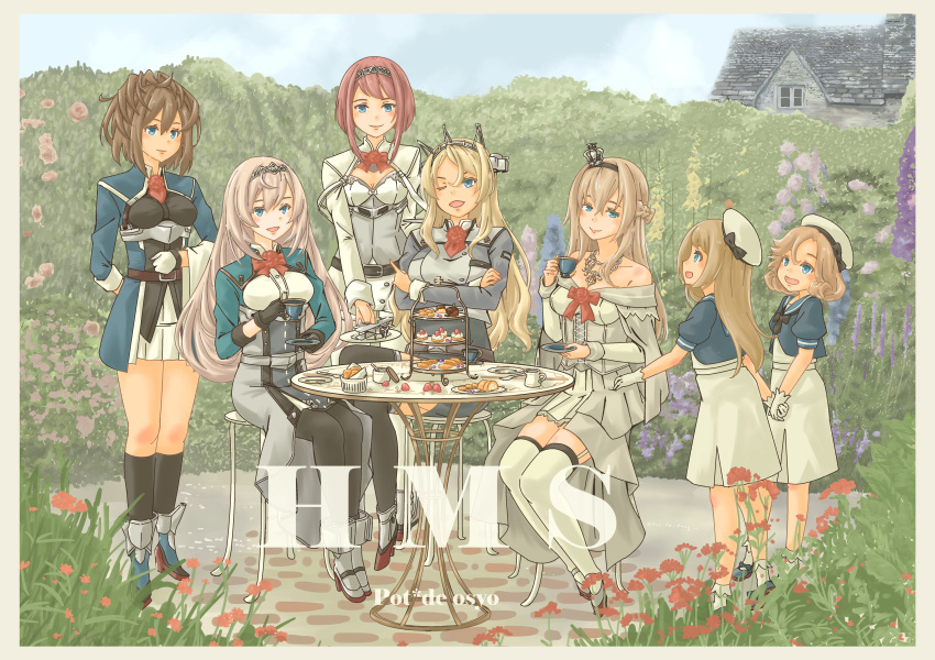 6+girls absurdres ark_royal_(kancolle) ascot bangs belt black_gloves black_legwear blonde_hair blue_eyes blue_sailor_collar blunt_bangs bob_cut braid breasts brown_belt brown_hair building chair cleavage_cutout clothing_cutout corset cropped_jacket crown desk dress dress_shirt fingerless_gloves flower french_braid garter_straps gloves green_jacket hat headgear highres inverted_bob jacket janus_(kancolle) jervis_(kancolle) kantai_collection long_hair long_sleeves medium_breasts messy_hair military military_uniform mini_crown multiple_girls nelson_(kancolle) off-shoulder_dress off_shoulder outdoors overskirt pantyhose pelvic_curtain pleated_skirt pot-de red_ascot red_flower red_neckwear red_ribbon red_rose redhead ribbon rose sailor_collar sailor_dress sailor_hat sheffield_(kancolle) shirt short_hair shorts sitting skirt thigh-highs tiara underskirt uniform victorious_(kancolle) warspite_(kancolle) white_corset white_dress white_gloves white_headwear white_legwear white_shirt white_shorts white_skirt