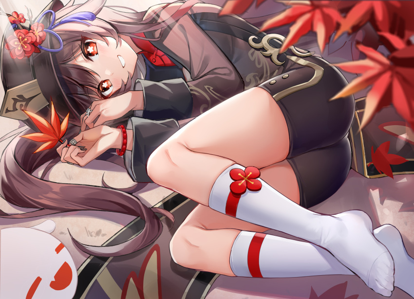1girl absurdres artist_request ass black_shorts blush brown_hair chinese_clothes coattails feet genshin_impact ghost ginn_(hzh770121) grin hat hat_ornament highres hu_tao_(genshin_impact) long_hair looking_at_viewer lying on_side red_eyes shiny shiny_hair shiny_skin short_shorts shorts smile socks solo symbol-shaped_pupils tailcoat toes twintails very_long_hair