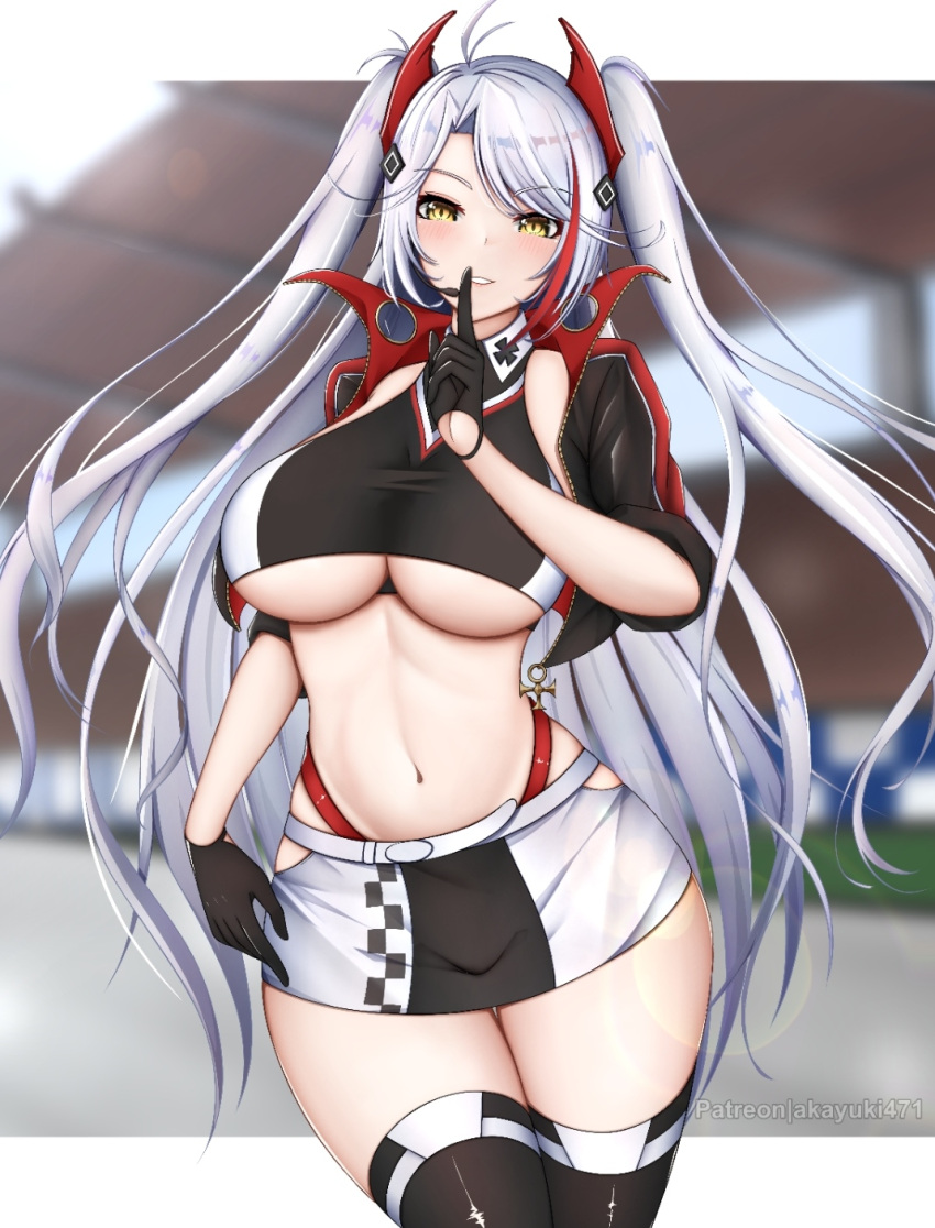 1girl akayuki471 antenna_hair azur_lane bangs belt black_gloves black_jacket black_legwear black_shirt black_skirt blurry blurry_background blush breasts collared_shirt cowboy_shot crop_top cropped_jacket cropped_shirt earpiece english_commentary eyebrows_visible_through_hair gloves hair_between_eyes half_gloves hand_up headgear highres index_finger_raised iron_cross jacket large_breasts lens_flare long_hair looking_at_viewer multicolored_hair navel official_alternate_costume open_clothes open_jacket panties panty_straps parted_bangs parted_lips patreon_username prinz_eugen_(azur_lane) prinz_eugen_(final_lap)_(azur_lane) racequeen racetrack red_panties redhead shirt short_sleeves sidelocks silver_hair skindentation skirt sleeveless sleeveless_shirt smile solo standing stomach streaked_hair swept_bangs taut_clothes taut_shirt thigh-highs thigh_gap two-tone_skirt two_side_up under_boob underwear very_long_hair white_background white_belt white_skirt yellow_eyes zettai_ryouiki zipper zipper_pull_tab