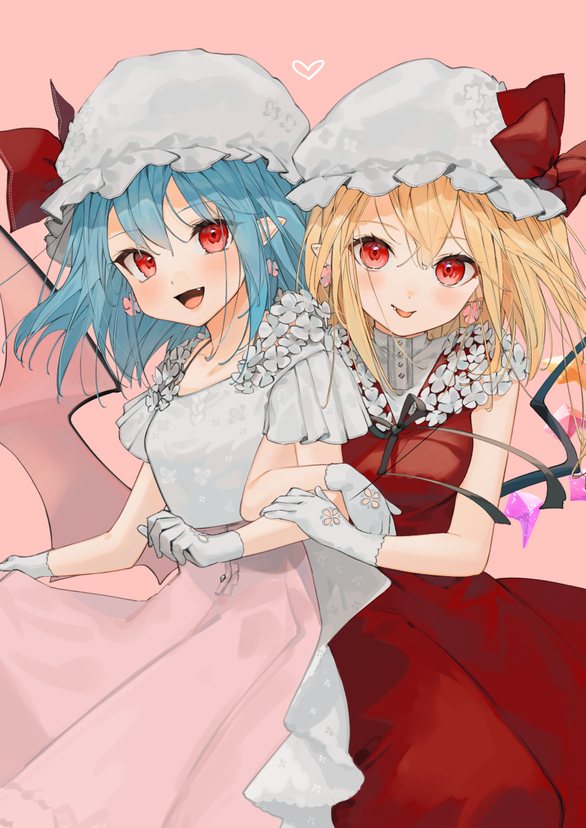 2girls :d :p absurdres alternate_costume arm_hug bangs bat_wings black_ribbon blonde_hair blue_hair blush bow buttons closed_mouth cowboy_shot crystal doujinshi dress earrings eyebrows_visible_through_hair eyes_visible_through_hair fang fang_out flandre_scarlet floating_hair floral_print flower_earrings frilled_sleeves frills from_side gloves gotoh510 hair_between_eyes hand_on_another's_arm hands_up hat hat_bow head_tilt heart high-waist_skirt high_collar highres jewelry long_hair looking_at_viewer looking_to_the_side low_wings mob_cap multiple_girls neck_ribbon open_mouth pink_background pink_skirt pink_wings pleated_dress pleated_skirt pointy_ears red_bow red_dress red_eyes remilia_scarlet ribbon shirt short_hair short_sleeves siblings simple_background sisters skirt skirt_hold smile standing stud_earrings tongue tongue_out touhou white_gloves white_headwear white_shirt wings
