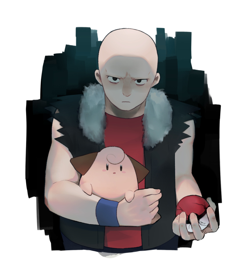 1boy bald black_eyes black_vest border cleffa closed_mouth commentary_request crack frown furosushi highres holding holding_poke_ball looking_at_viewer male_focus open_clothes open_vest poke_ball poke_ball_(basic) pokemon pokemon_(creature) pokemon_(game) pokemon_dppt red_shirt roughneck_(pokemon) shirt sleeveless sleeveless_shirt upper_body vest white_border wristband