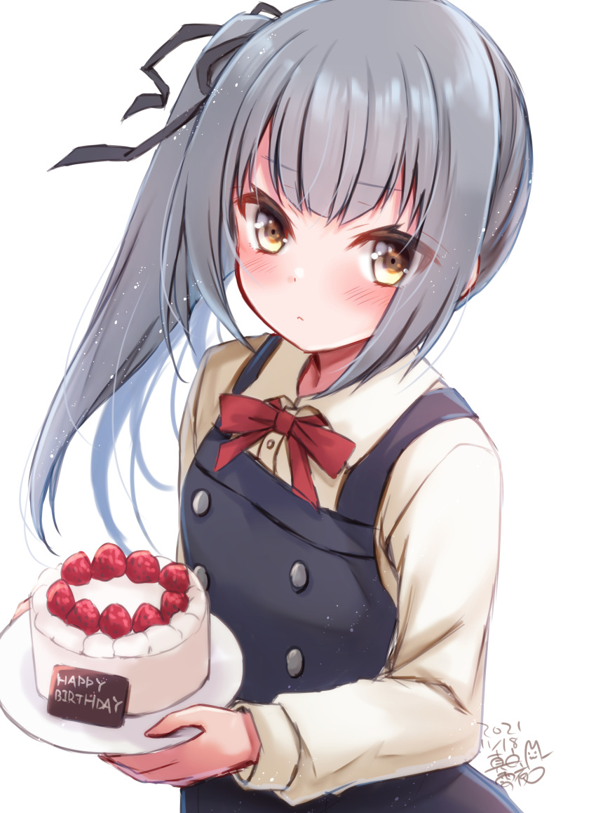 1girl absurdres artist_name birthday_cake black_ribbon blush brown_eyes buttons cake closed_mouth collared_shirt dated eyebrows_visible_through_hair food grey_hair hair_ribbon highres holding holding_food kantai_collection kasumi_(kancolle) long_hair long_sleeves mashiro_yukiya red_ribbon remodel_(kantai_collection) ribbon shirt side_ponytail signature simple_background solo white_background