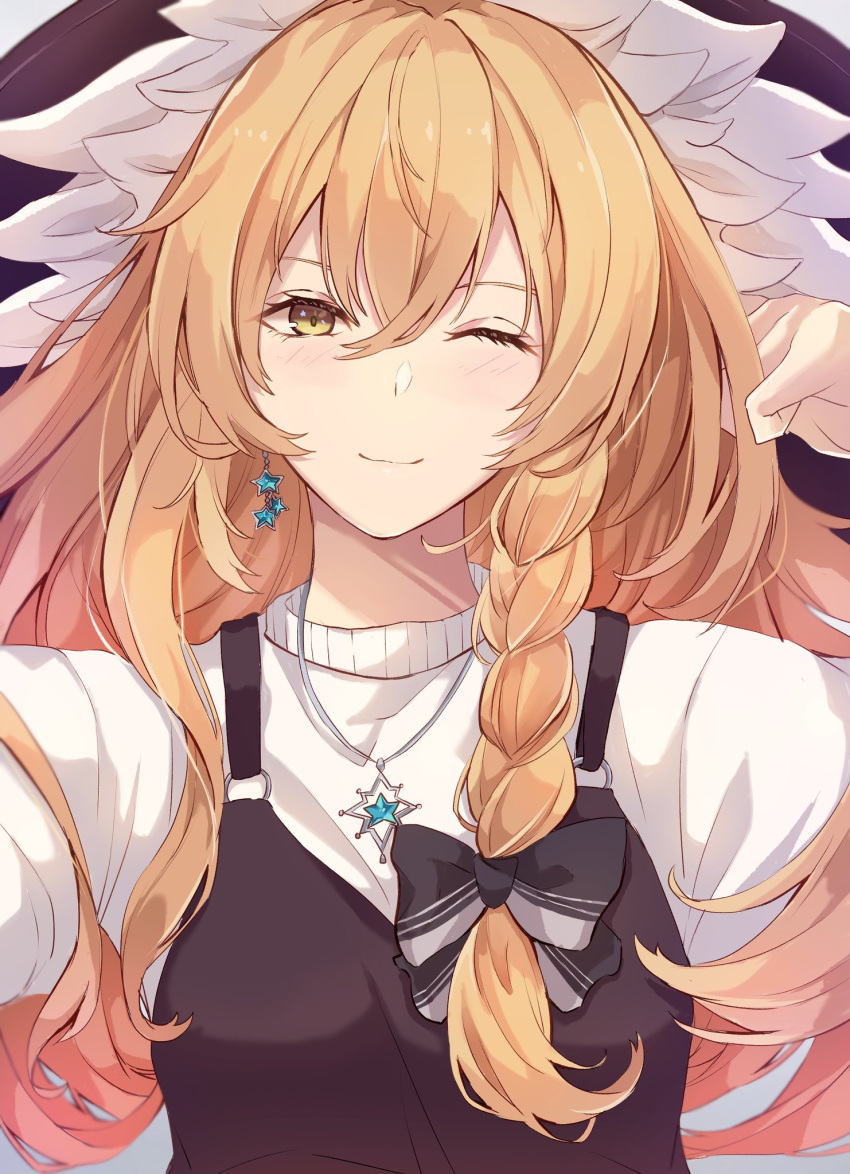 1girl arms_up bangs black_bow black_bowtie black_dress blonde_hair blush bow bowtie braid breasts closed_mouth dress earrings eyebrows_visible_through_hair eyes_visible_through_hair frills grey_background hair_between_eyes hair_bow hands_up highres jewelry kirisame_marisa long_hair looking_at_viewer medium_breasts necklace one_eye_closed puffy_short_sleeves puffy_sleeves ri_cochet shirt short_sleeves sidelocks simple_background single_braid smile solo star_(symbol) star_earrings touhou white_bow white_shirt yellow_eyes